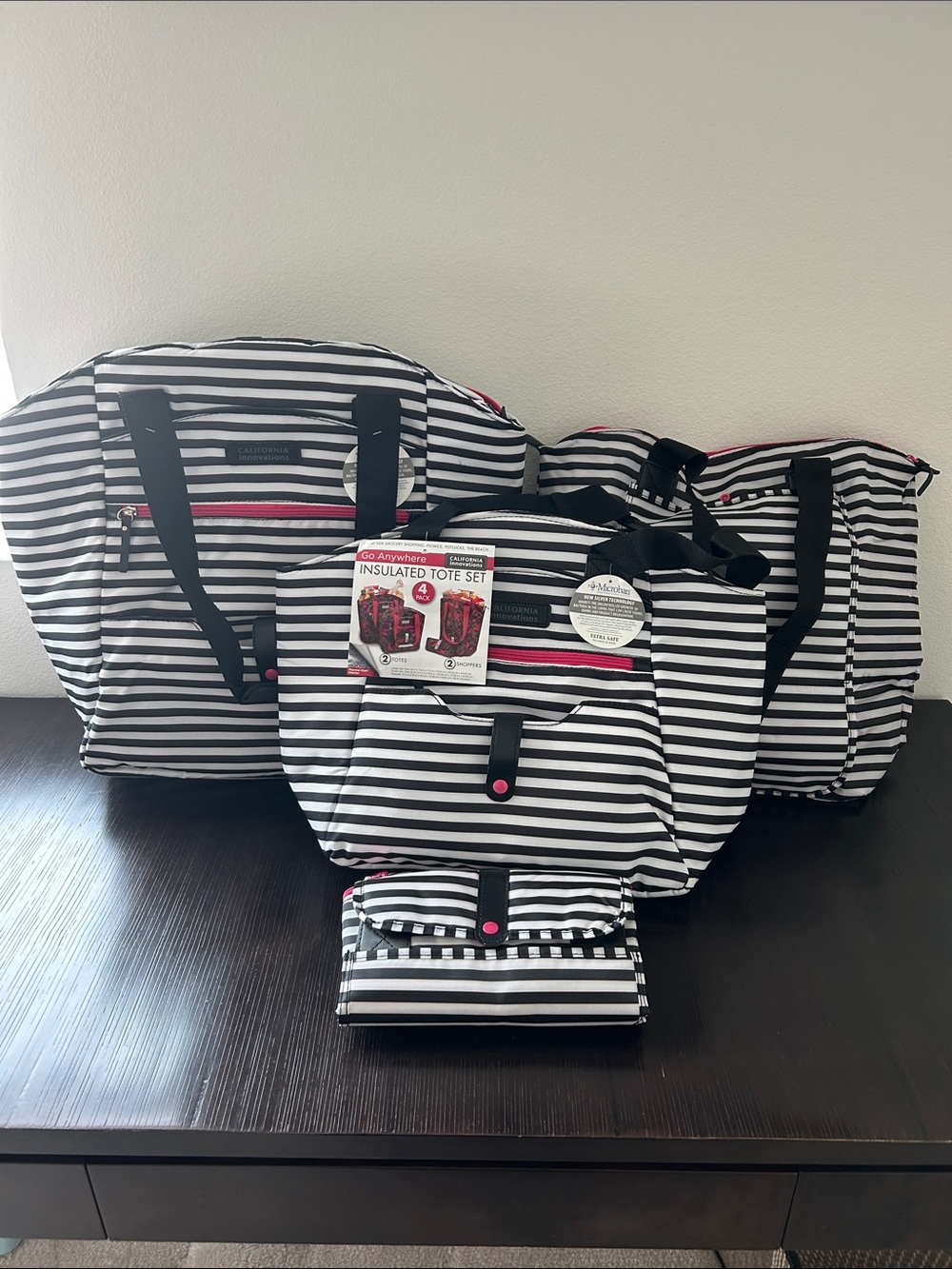 Striped Black & White Insulated Tote Set with Pink Accents